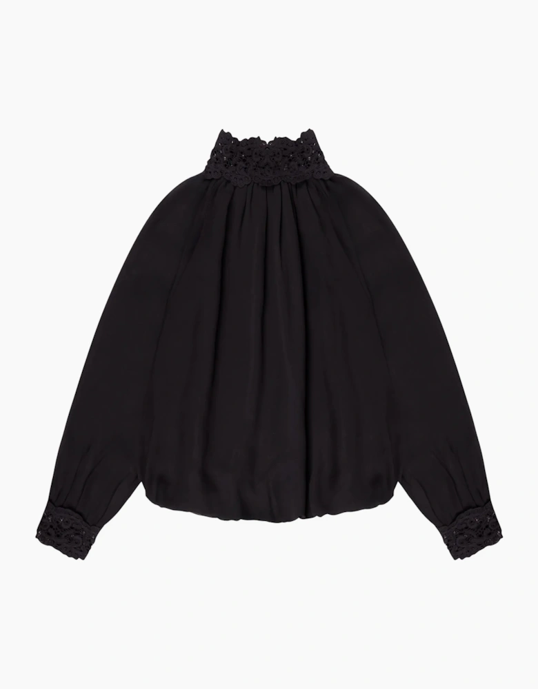 Black Lace Trim Bubble Hem Blouse