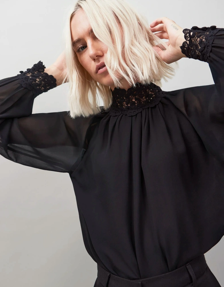 Black Lace Trim Bubble Hem Blouse