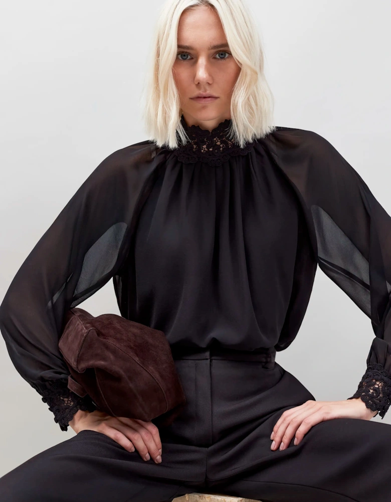 Black Lace Trim Bubble Hem Blouse
