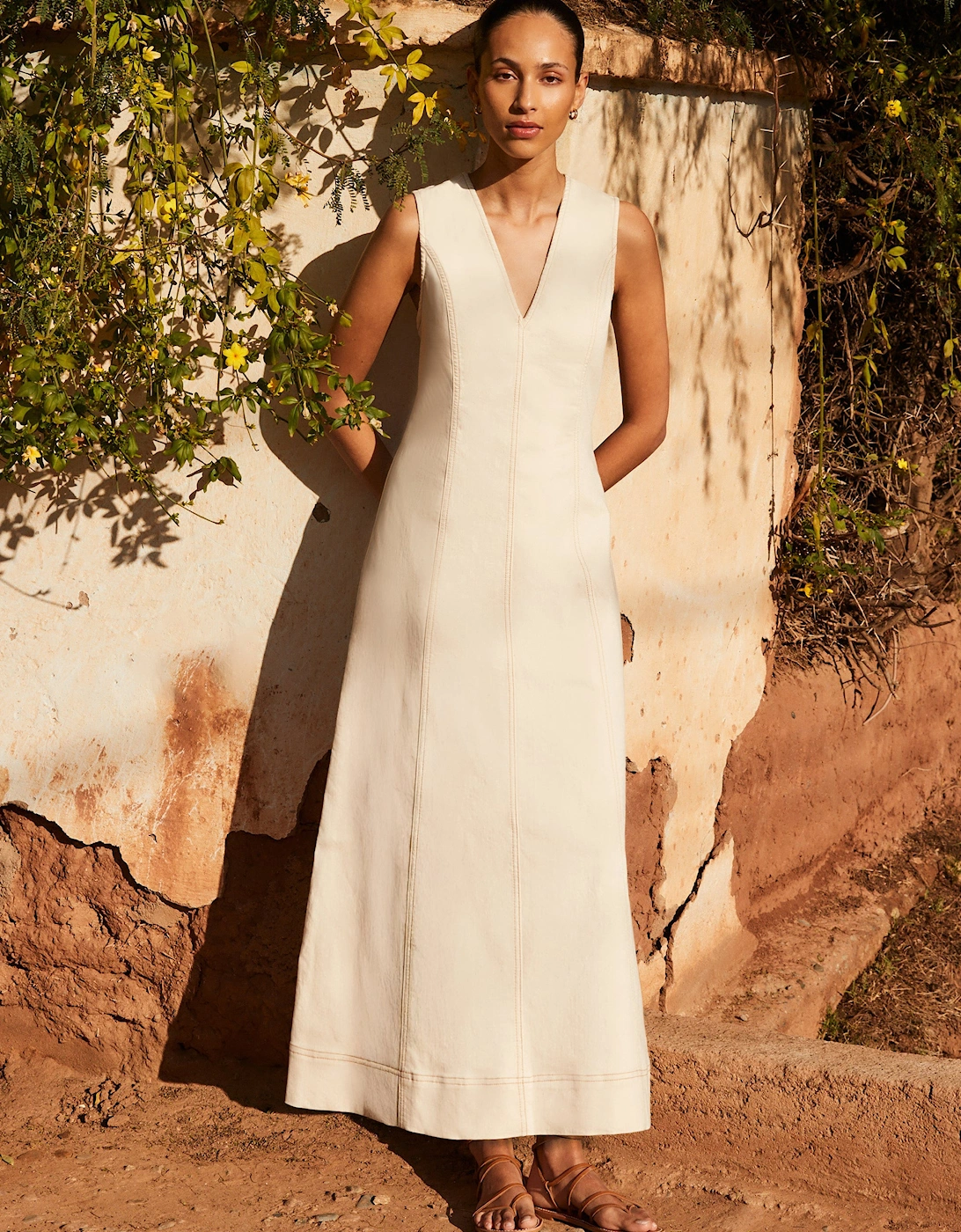 Ecru V-Neck Denim Maxi Dress