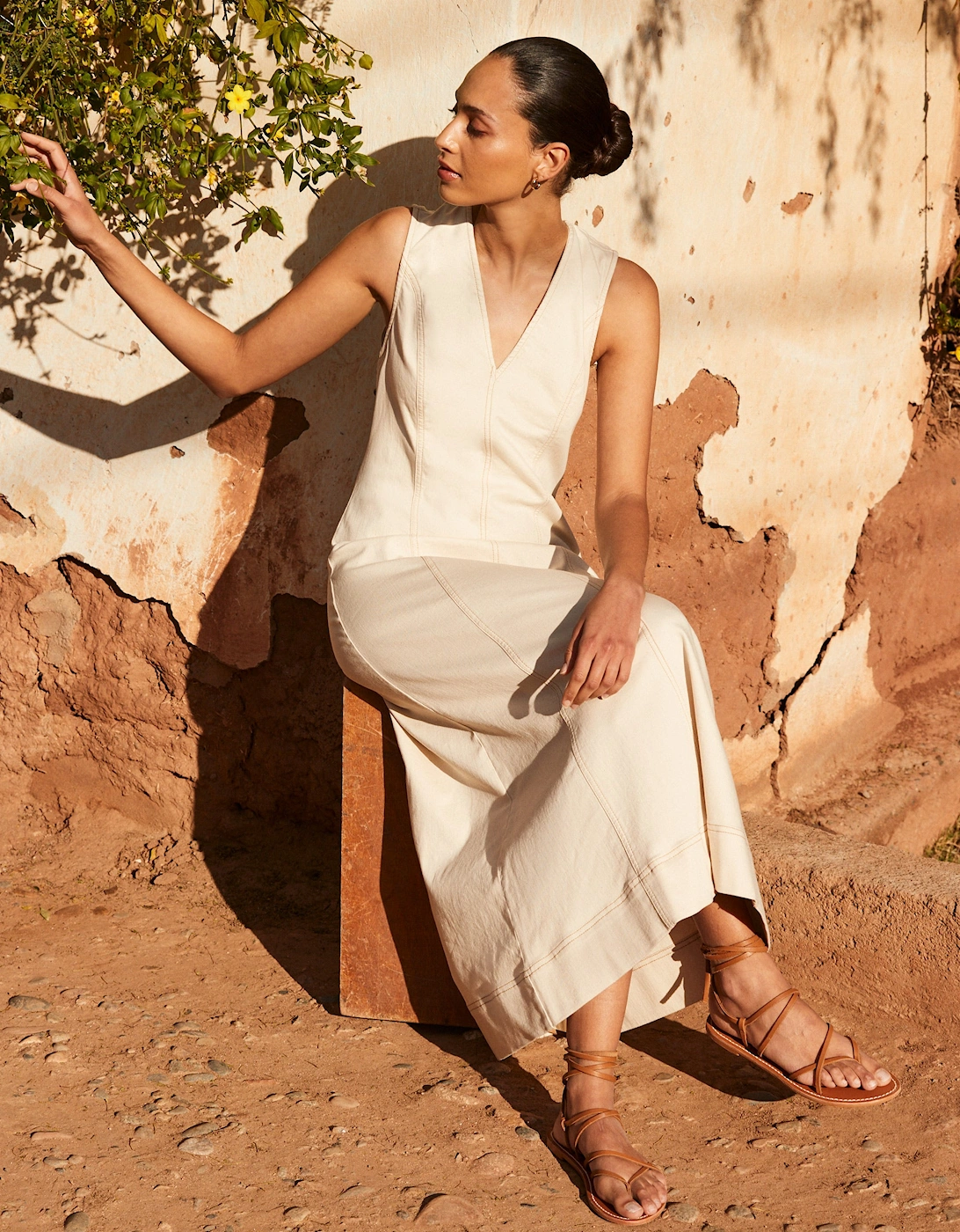 Ecru V-Neck Denim Maxi Dress
