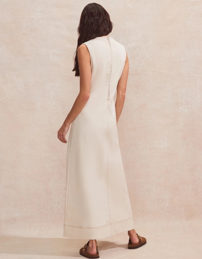 Ecru V-Neck Denim Maxi Dress