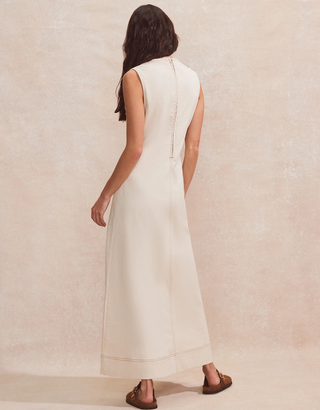 Ecru V-Neck Denim Maxi Dress