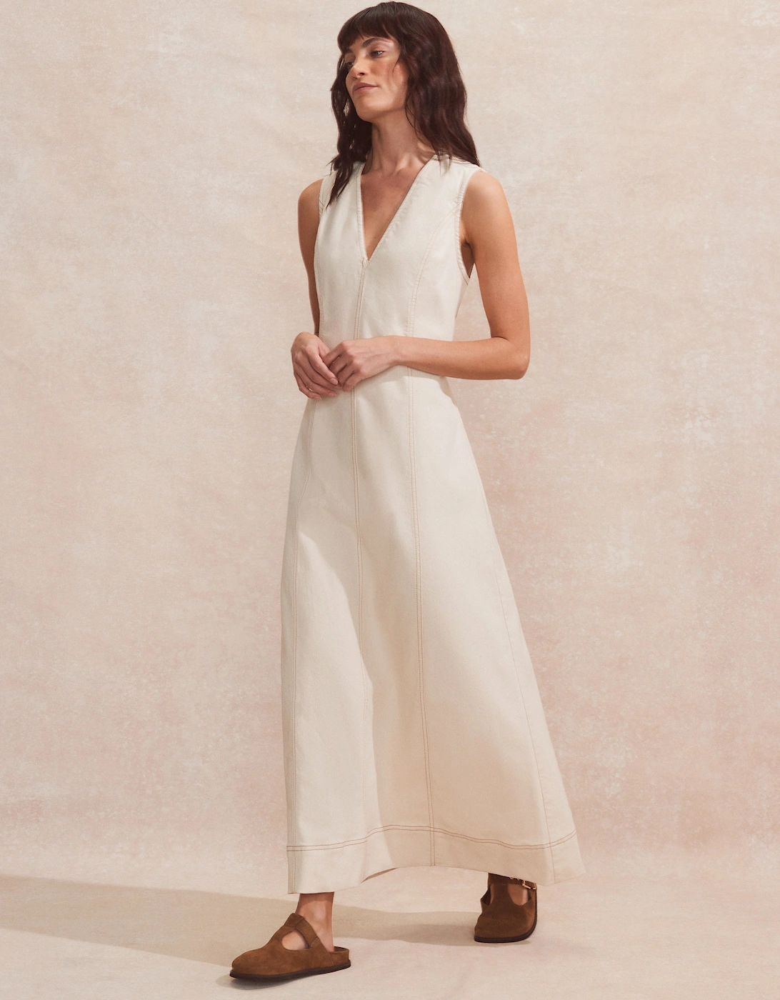 Ecru V-Neck Denim Maxi Dress