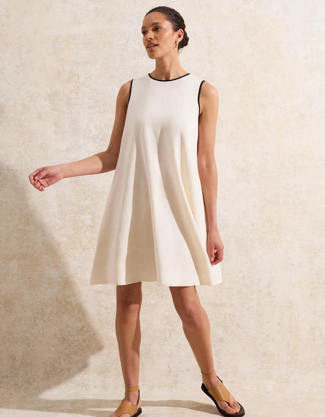 Cream Linen Blend Piping Detail Short Dress