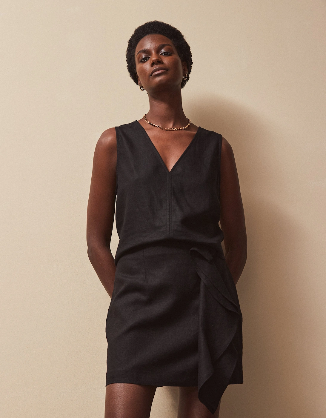 Black Frill Detail Linen Blend Skirt