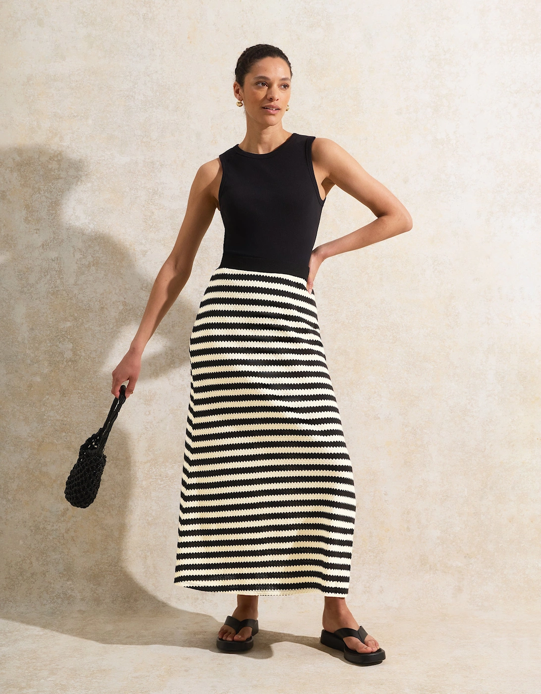 Petite Mono Chevron-Stripe Knitted Midaxi Skirt