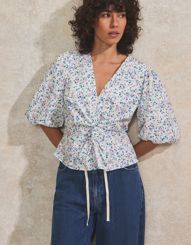 Ivory Ditsy-Print Twist-Front Blouse
