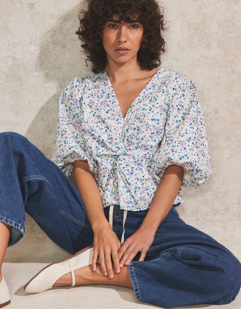 Ivory Ditsy-Print Twist-Front Blouse