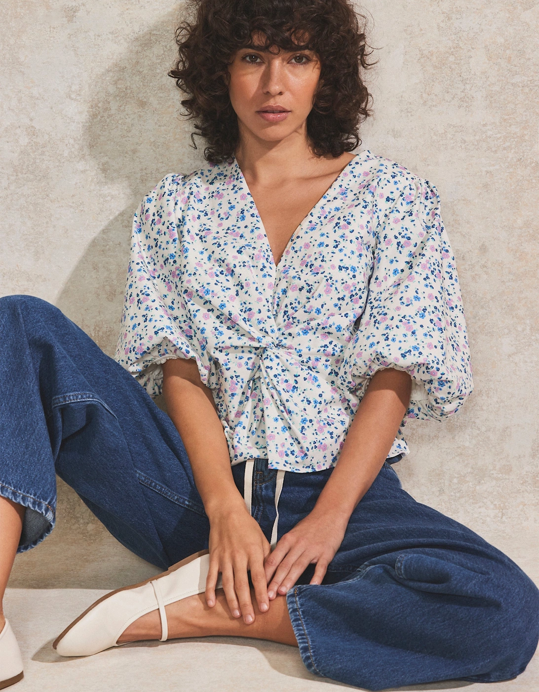 Ivory Ditsy-Print Twist-Front Blouse