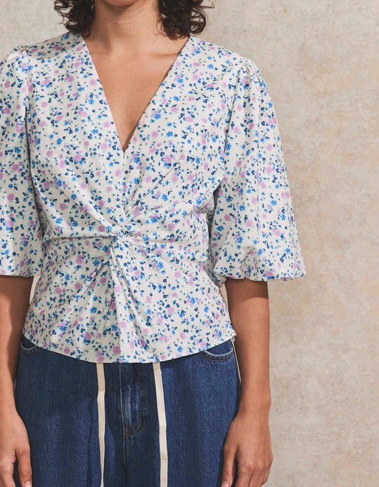 Ivory Ditsy-Print Twist-Front Blouse