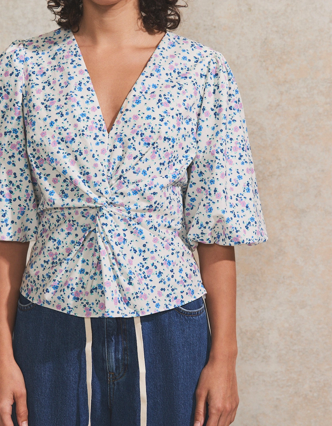 Ivory Ditsy-Print Twist-Front Blouse