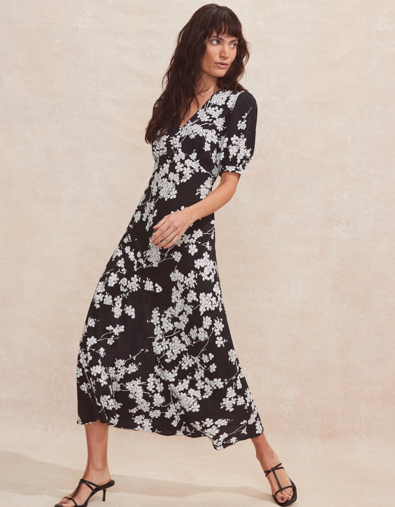Black And White Ditsy-Print V-Neck Midi Dress