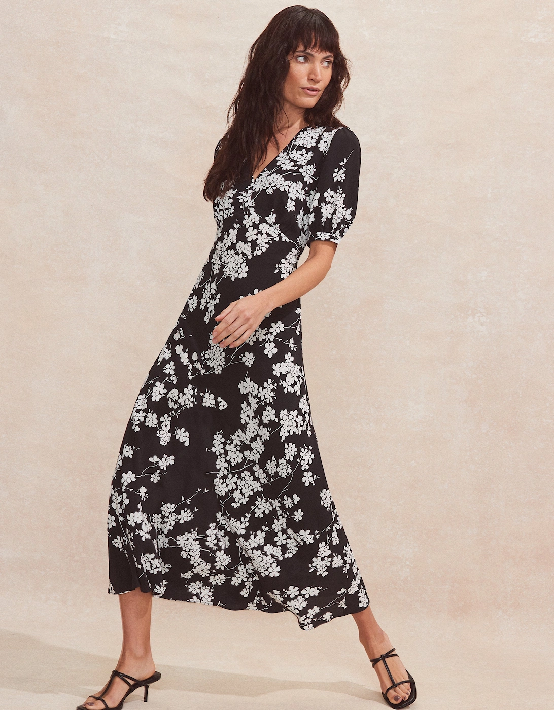 Black And White Ditsy-Print V-Neck Midi Dress