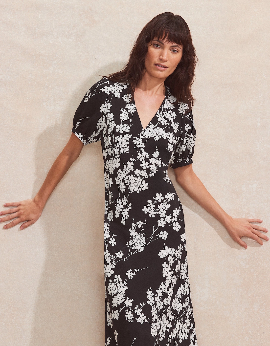 Black And White Ditsy-Print V-Neck Midi Dress