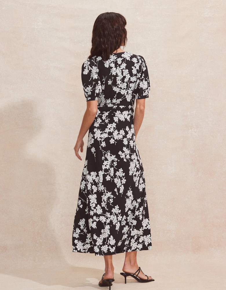 Black And White Ditsy-Print V-Neck Midi Dress