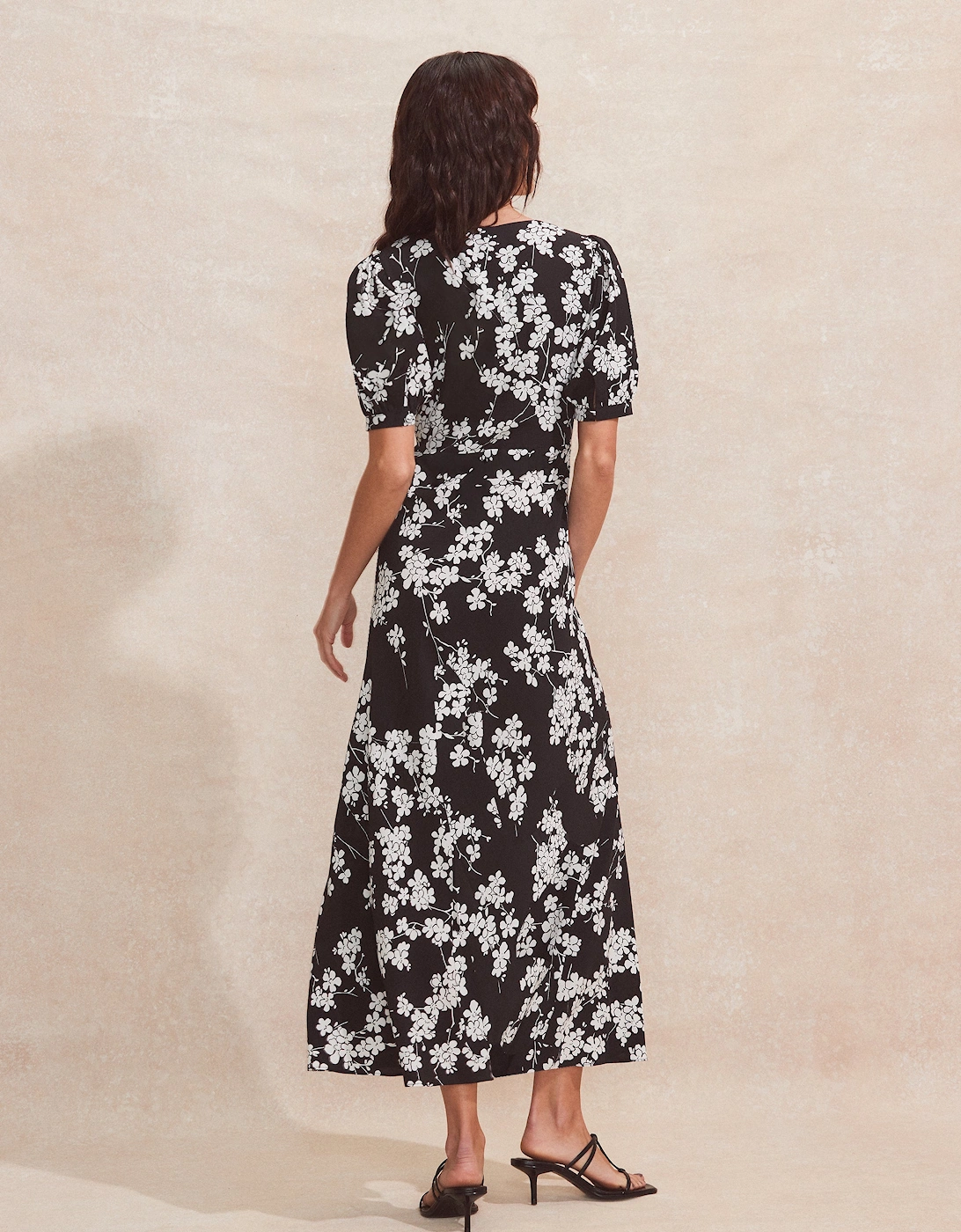 Black And White Ditsy-Print V-Neck Midi Dress