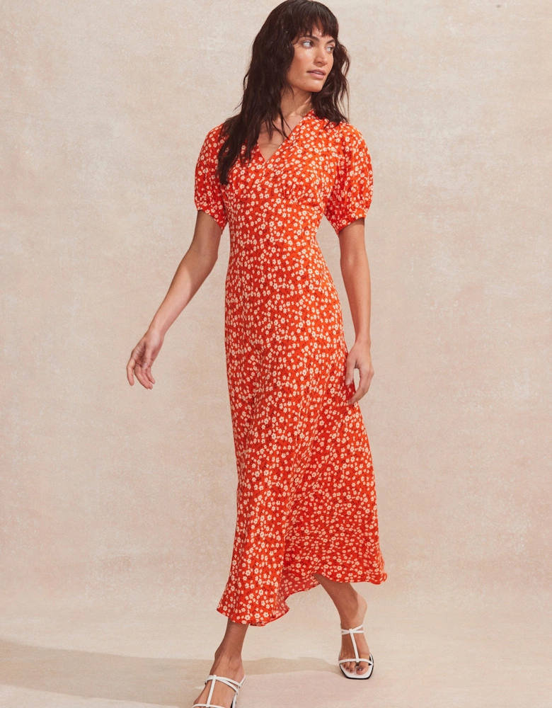 Petite Red Ditsy-Print V-Neck Midi Dress