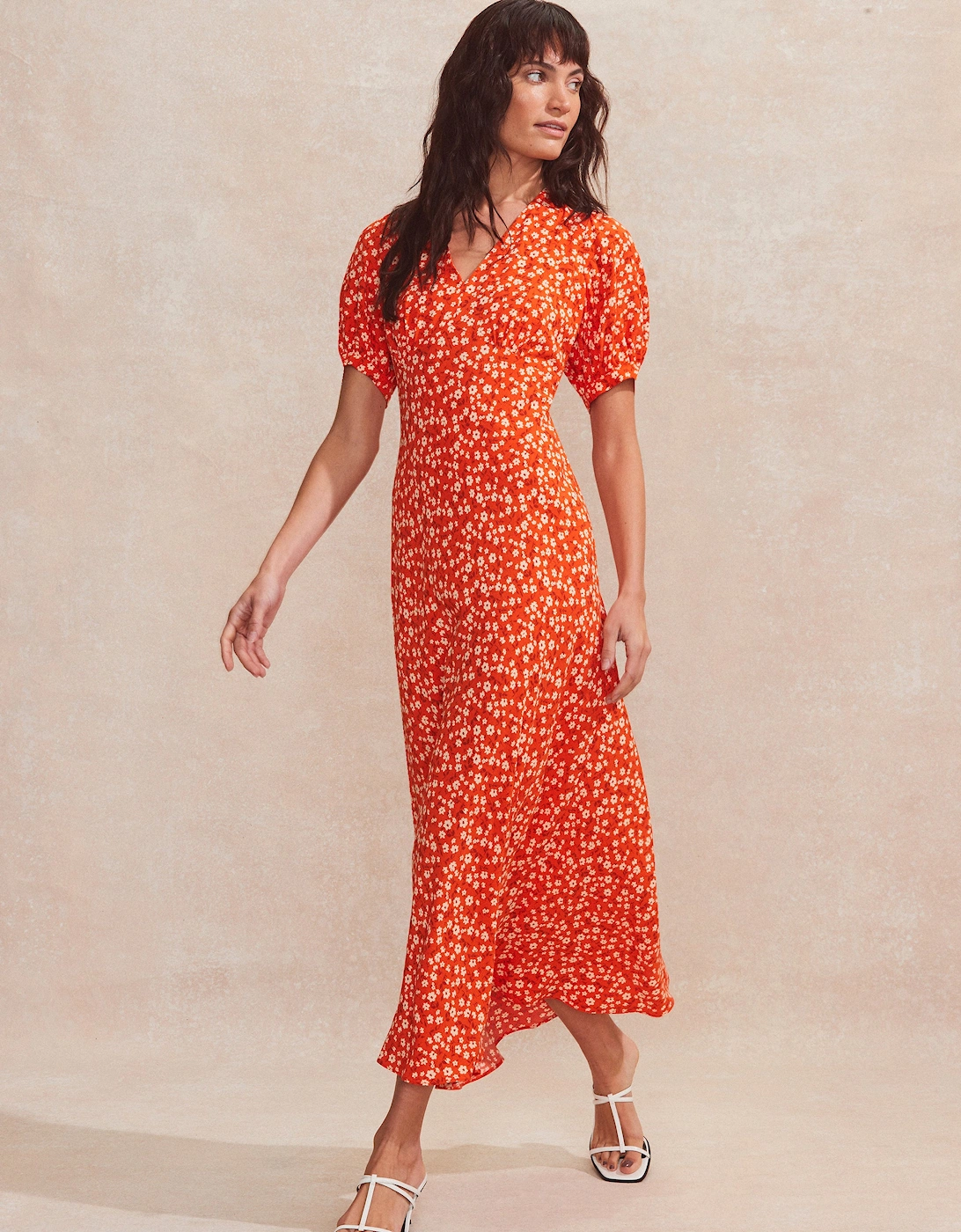 Petite Red Ditsy-Print V-Neck Midi Dress