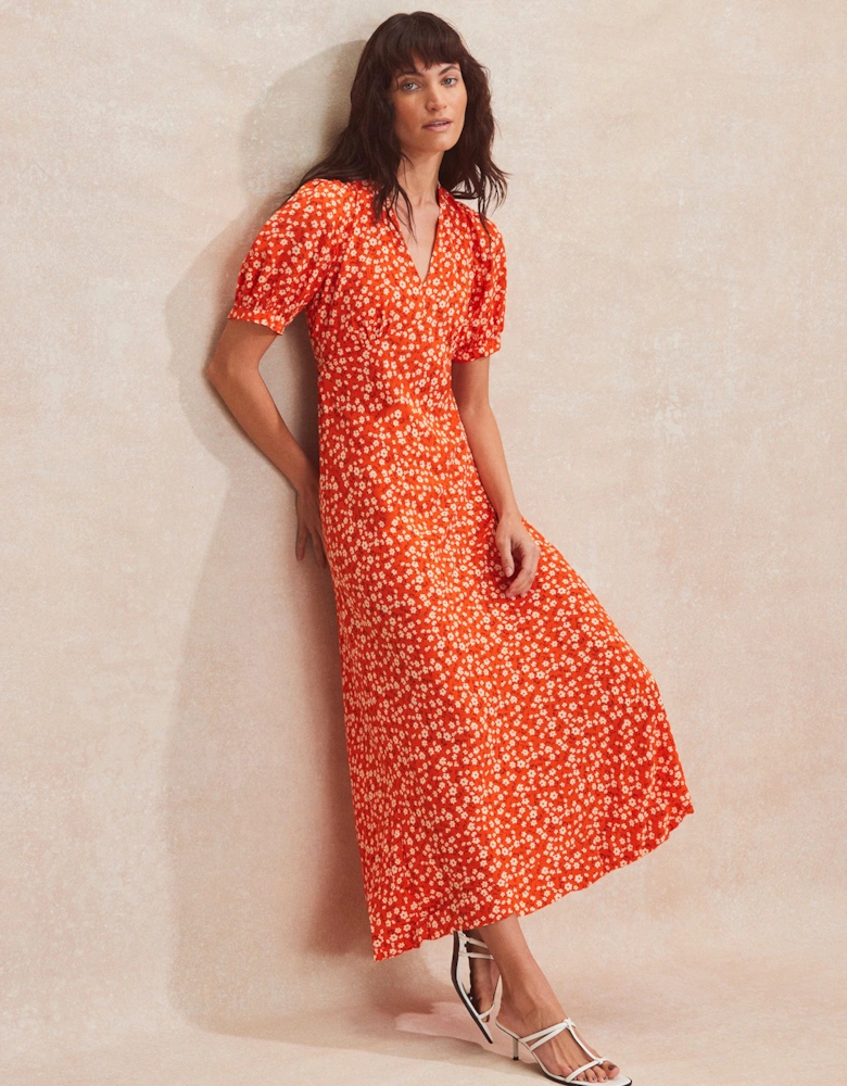 Petite Red Ditsy-Print V-Neck Midi Dress