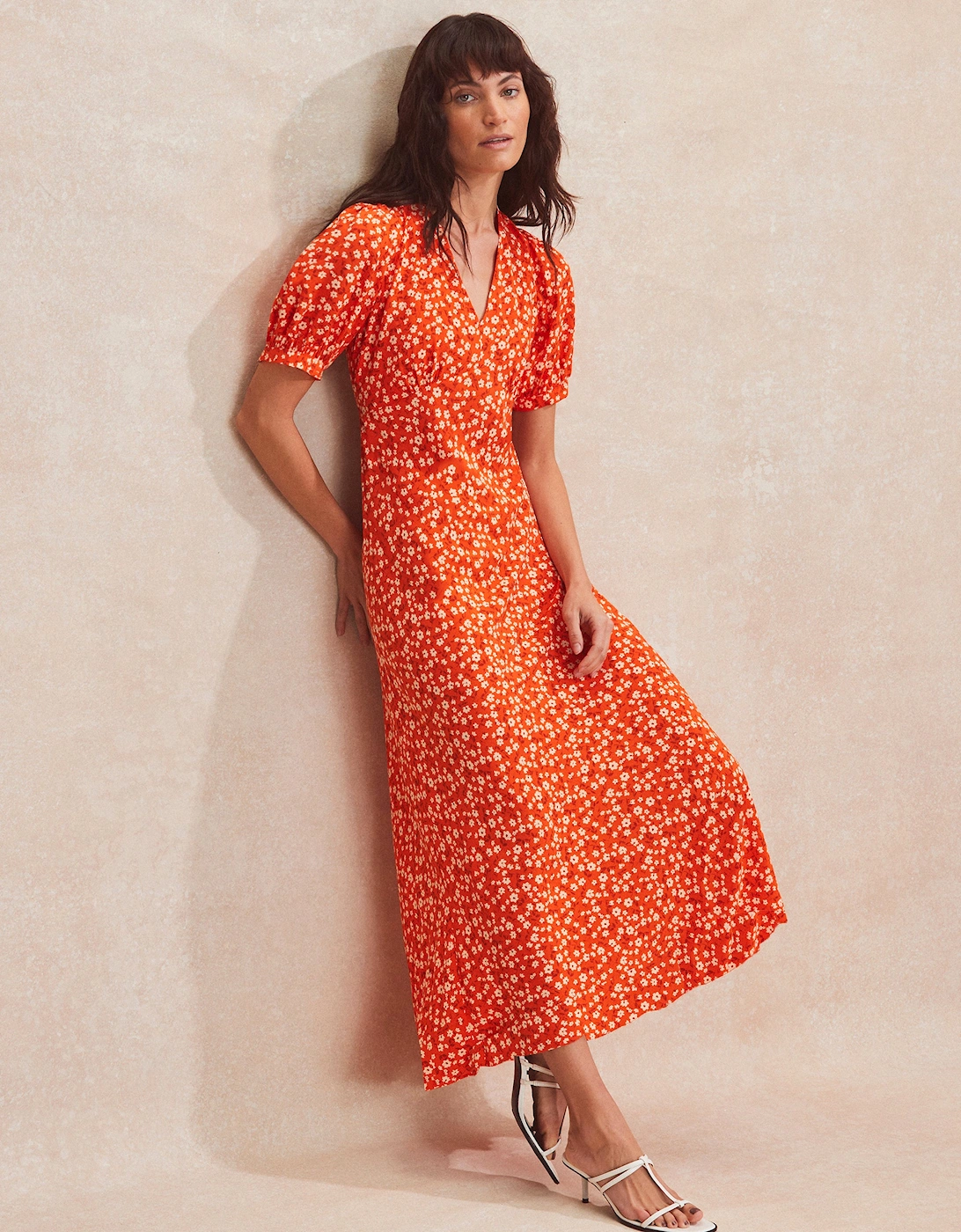 Petite Red Ditsy-Print V-Neck Midi Dress