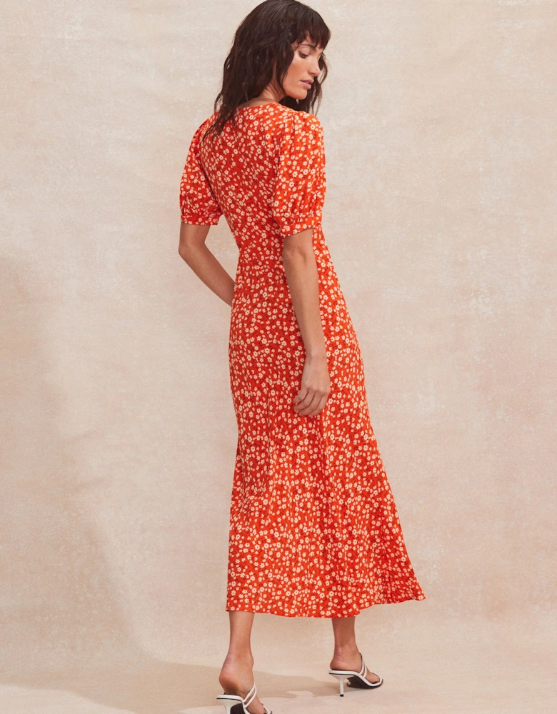 Petite Red Ditsy-Print V-Neck Midi Dress