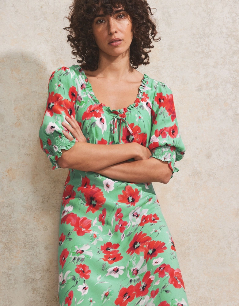 Petite Red And Green Poppy-Print Tie-Detail Dress