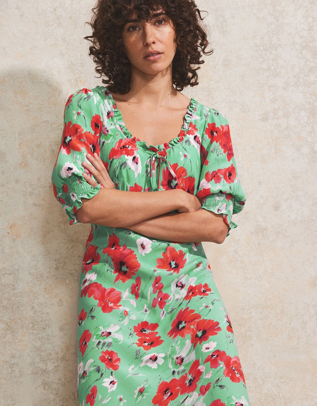 Petite Red And Green Poppy-Print Tie-Detail Dress