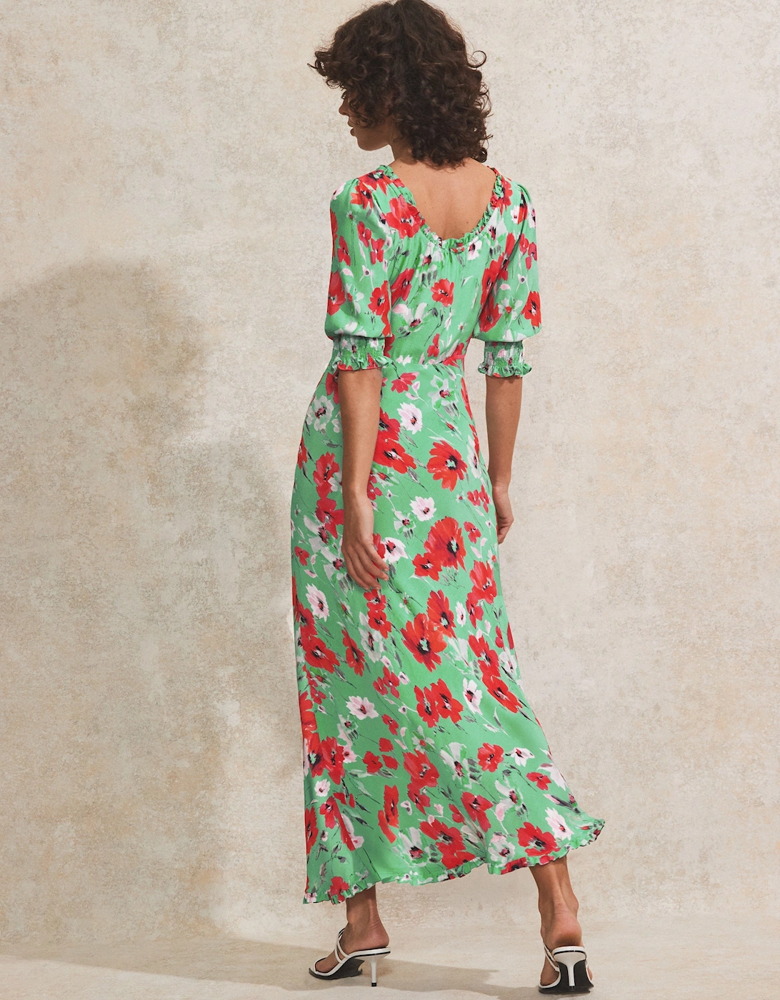 Petite Red And Green Poppy-Print Tie-Detail Dress