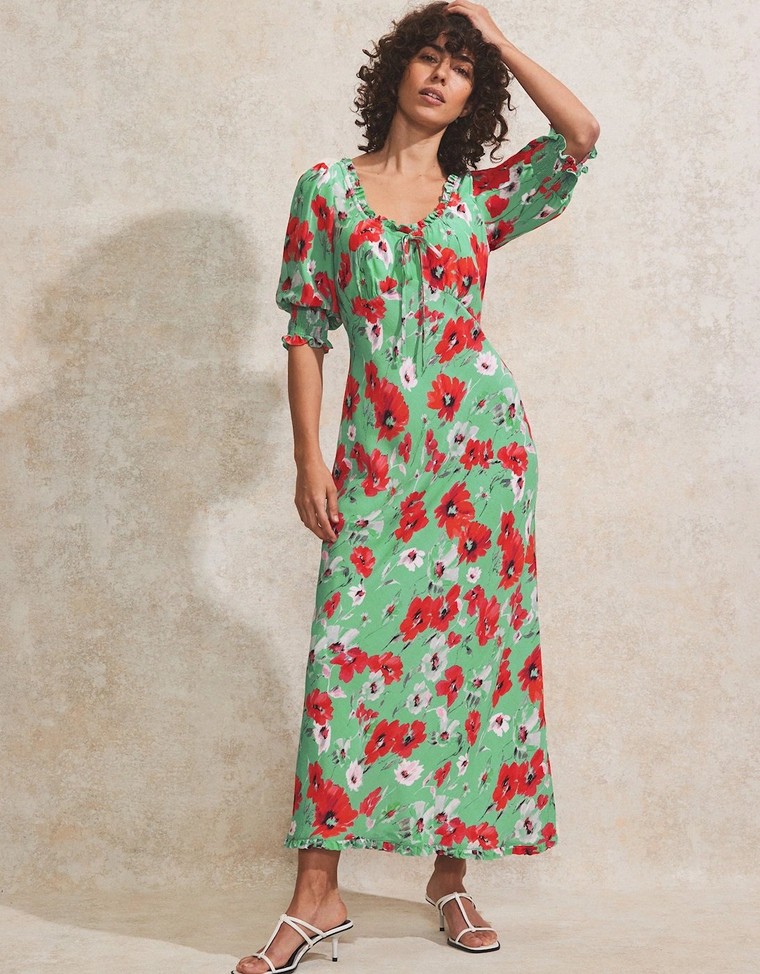 Petite Red And Green Poppy-Print Tie-Detail Dress