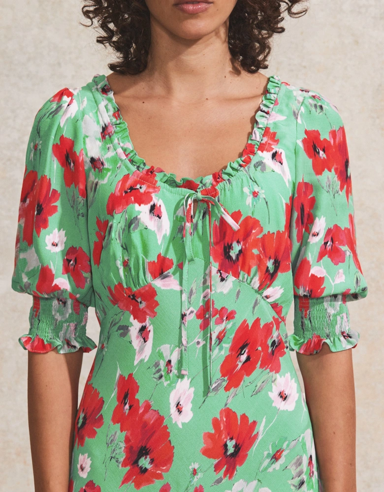 Petite Red And Green Poppy-Print Tie-Detail Dress