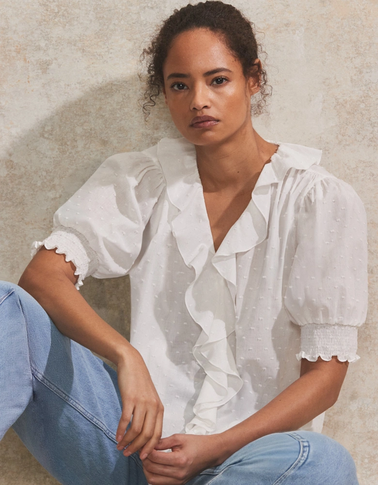 Ivory Dobby Ruffle-Front Blouse
