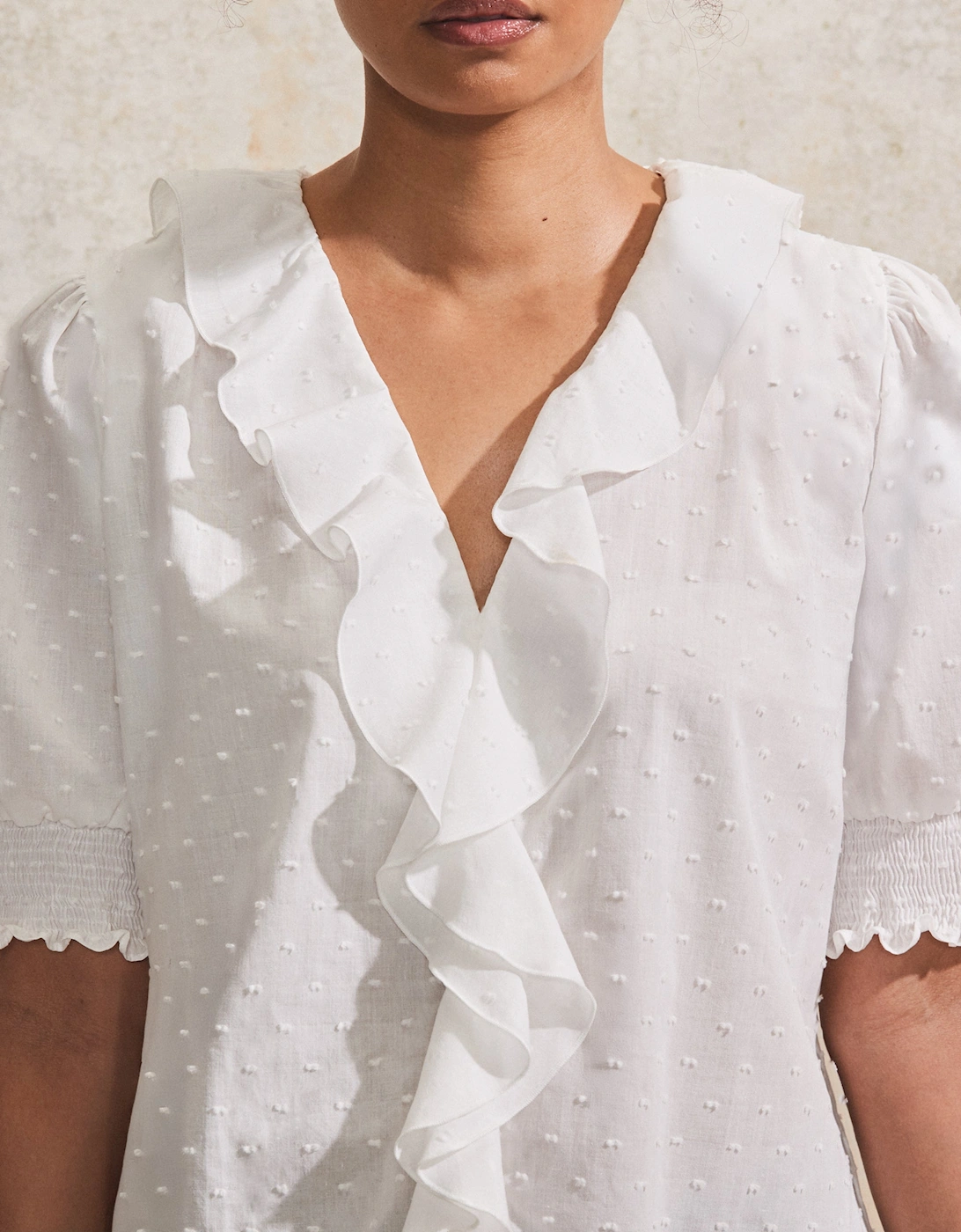 Ivory Dobby Ruffle-Front Blouse
