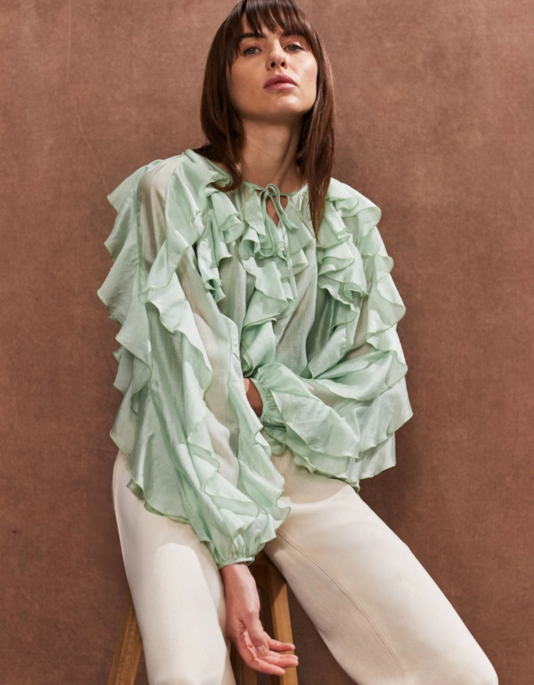 Green Ruffle-Detail Boho Blouse