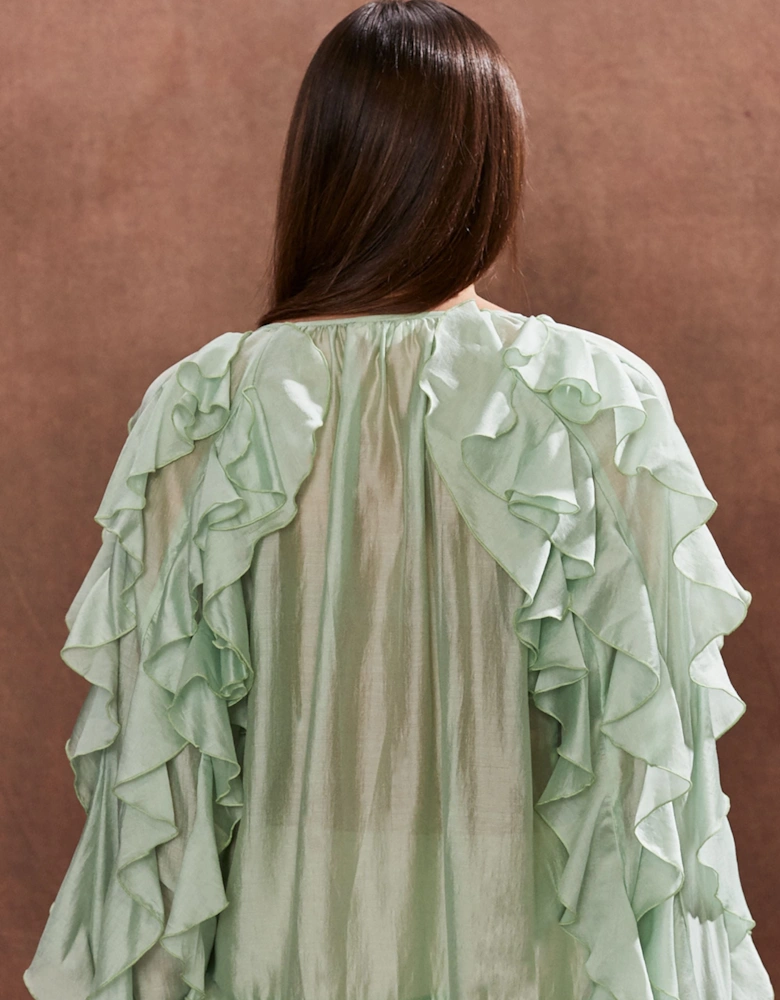 Green Ruffle-Detail Boho Blouse