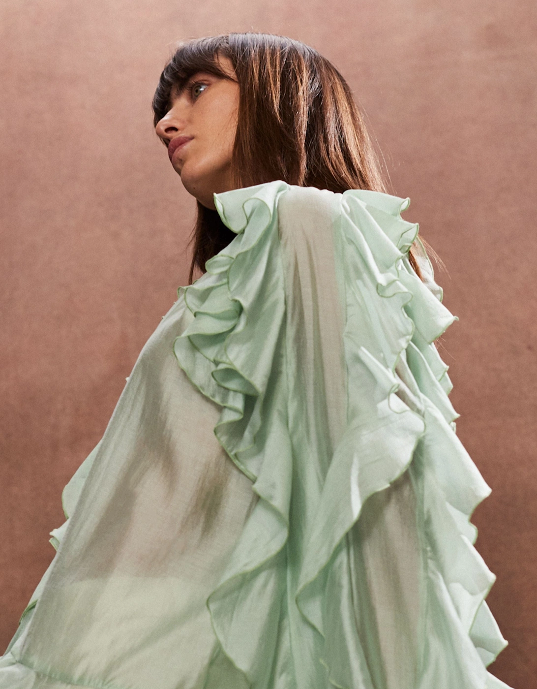 Green Ruffle-Detail Boho Blouse