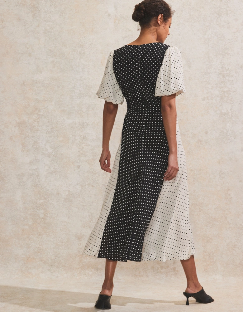 Mono Contrast Polka-Dot Midi Dress
