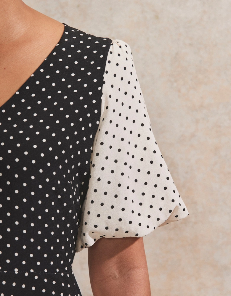 Mono Contrast Polka-Dot Midi Dress