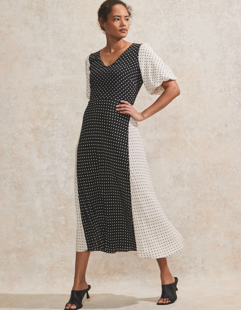 Mono Contrast Polka-Dot Midi Dress