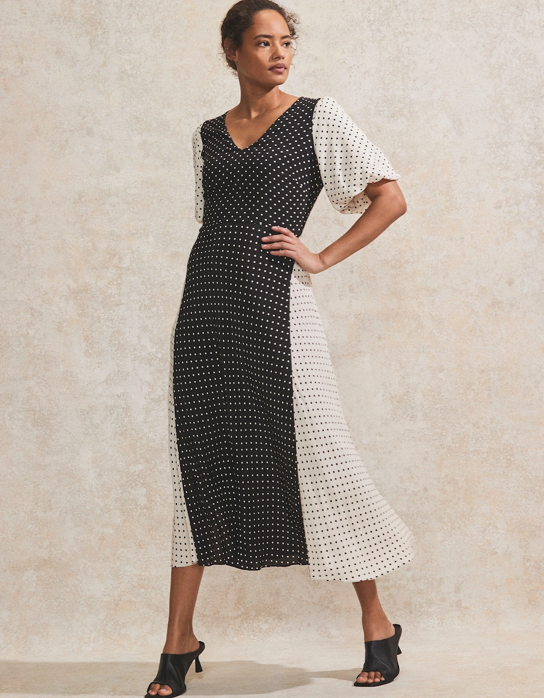 Mono Contrast Polka-Dot Midi Dress