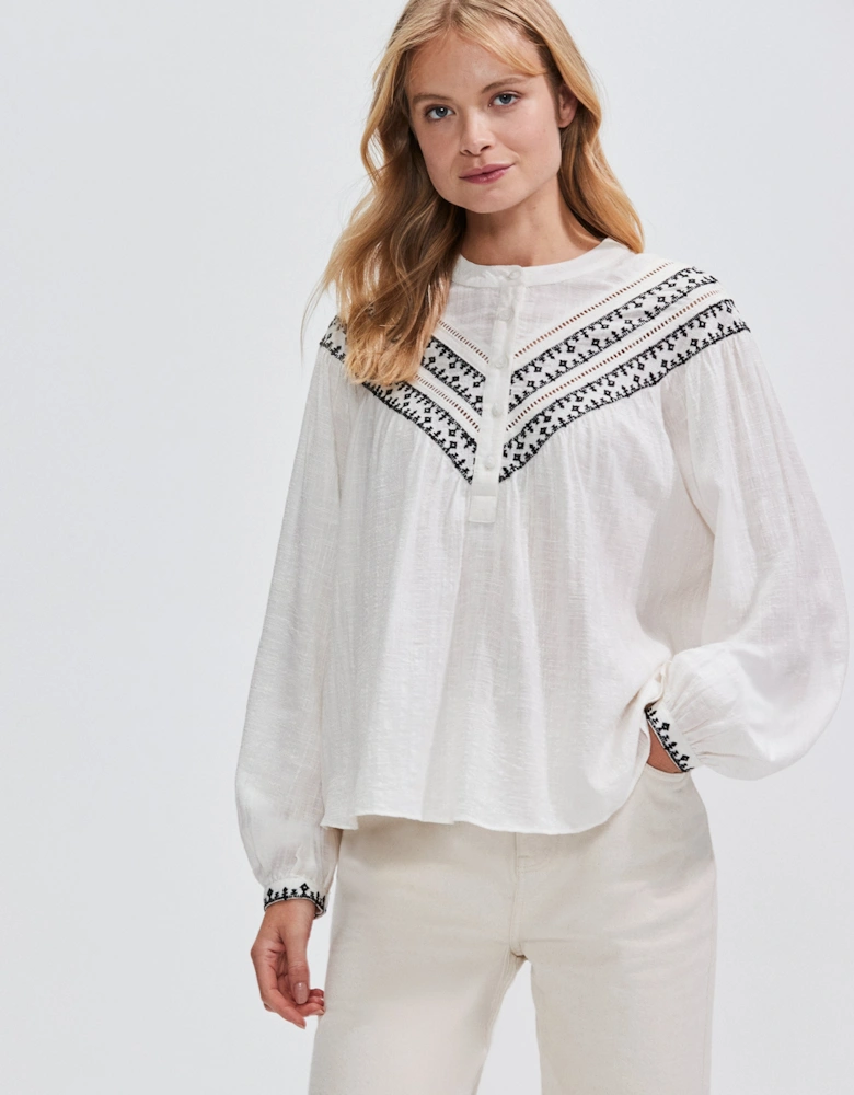 Ivory Embroidered Collarless Blouse