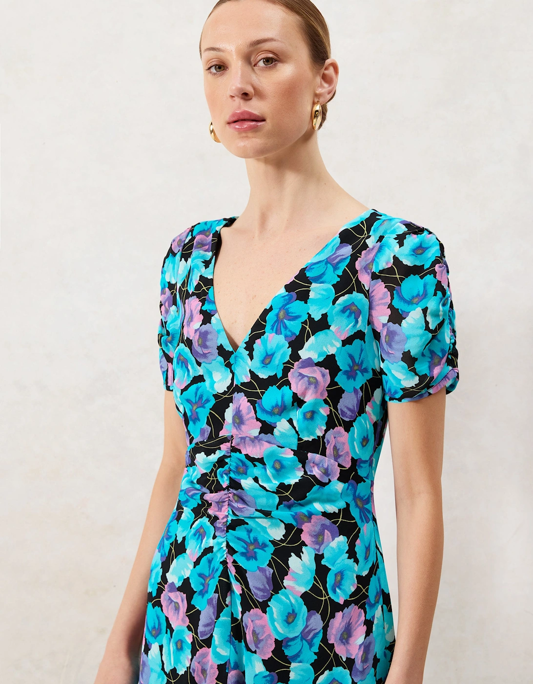 Mia Blue Floral Frill Front Midi Dress