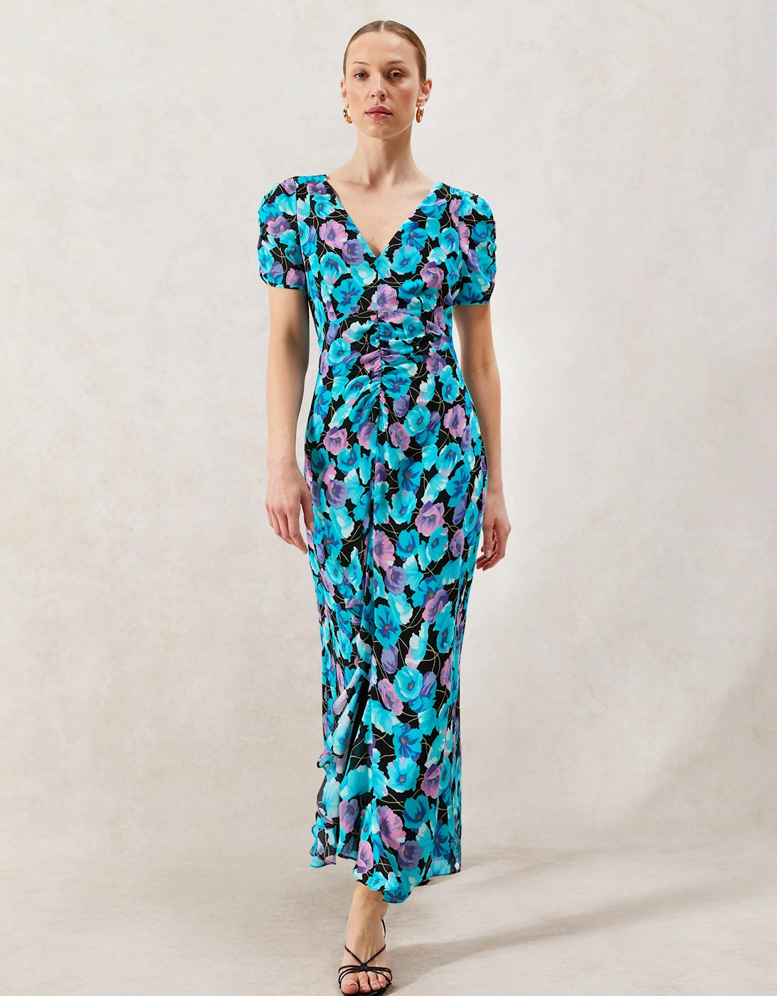 Mia Blue Floral Frill Front Midi Dress