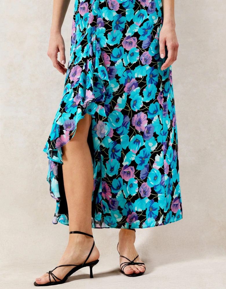 Mia Blue Floral Frill Front Midi Dress