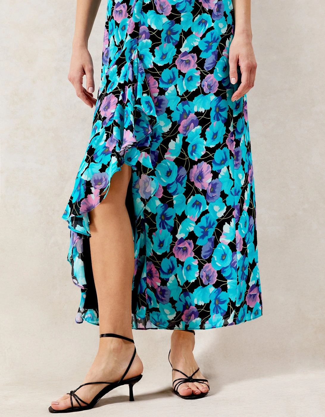 Mia Blue Floral Frill Front Midi Dress