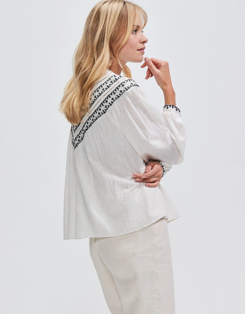 Ivory Embroidered Collarless Blouse