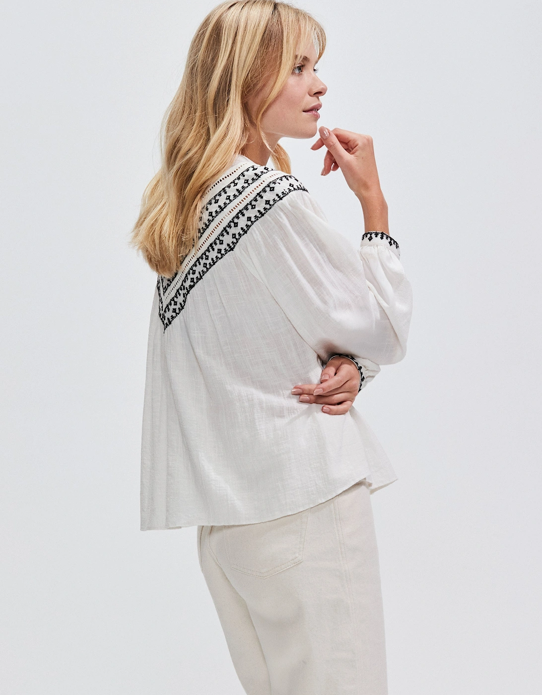 Ivory Embroidered Collarless Blouse