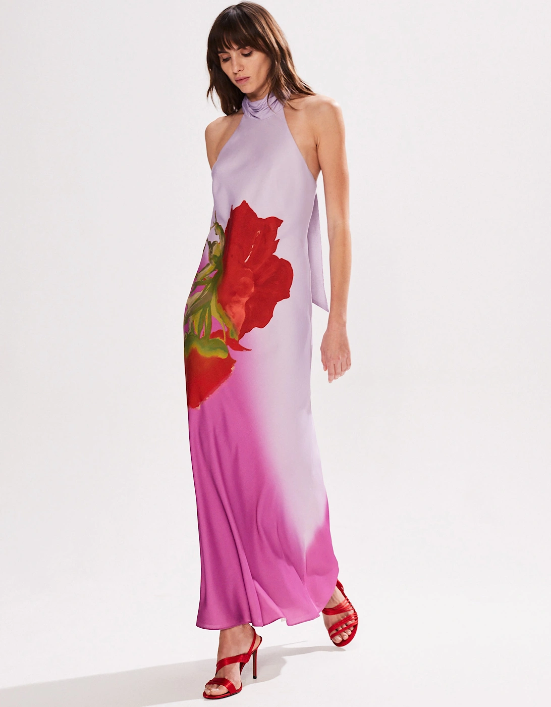 Petite Margot Pink Rose Print Halter Neck Dress, 6 of 5