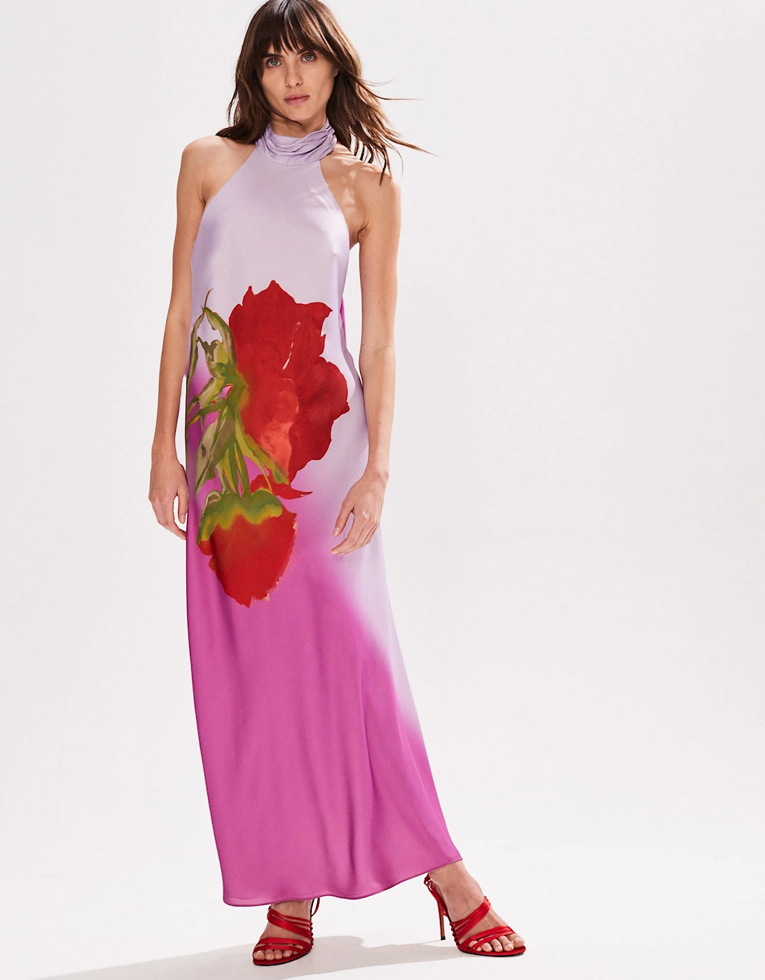 Petite Margot Pink Rose Print Halter Neck Dress