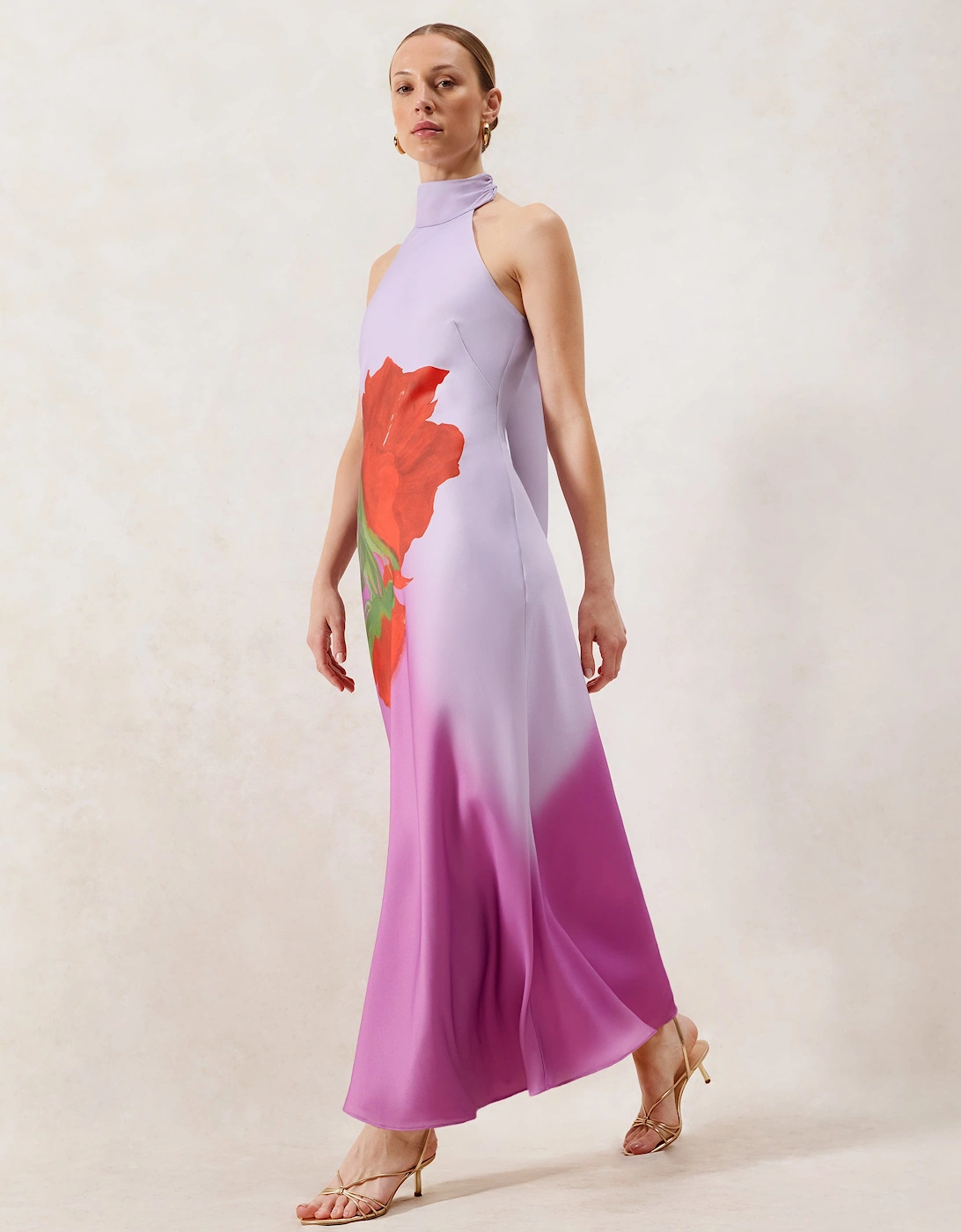 Margot Pink Rose Print Halter Neck Dress